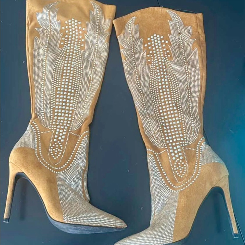 Embellished Tan Suede High-Heel Knee Boots